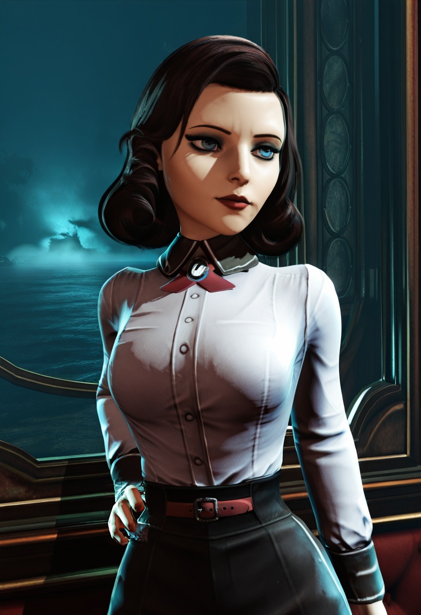 elizabeth_burial_sea,  white button-up blouse with black collar,  red choker on Tensor.Art