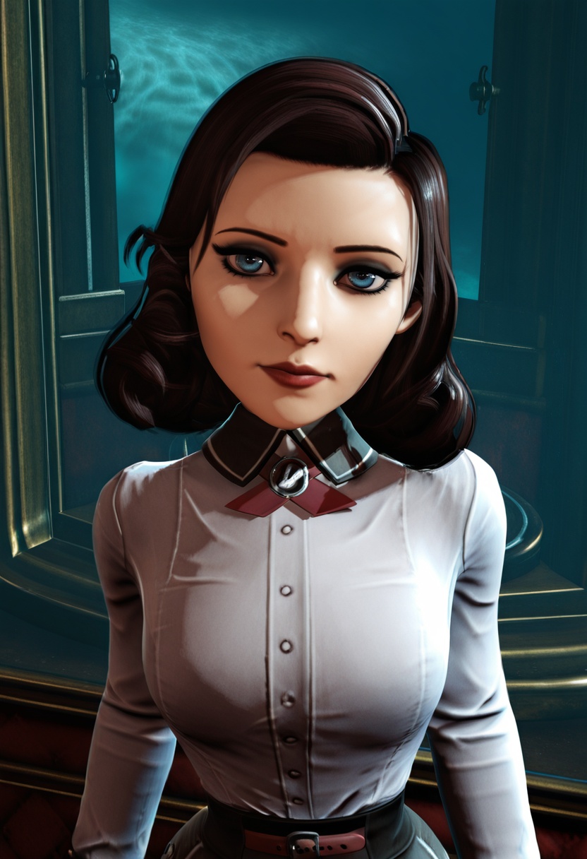 elizabeth_burial_sea,  white button-up blouse with black collar,  red choker on Tensor.Art