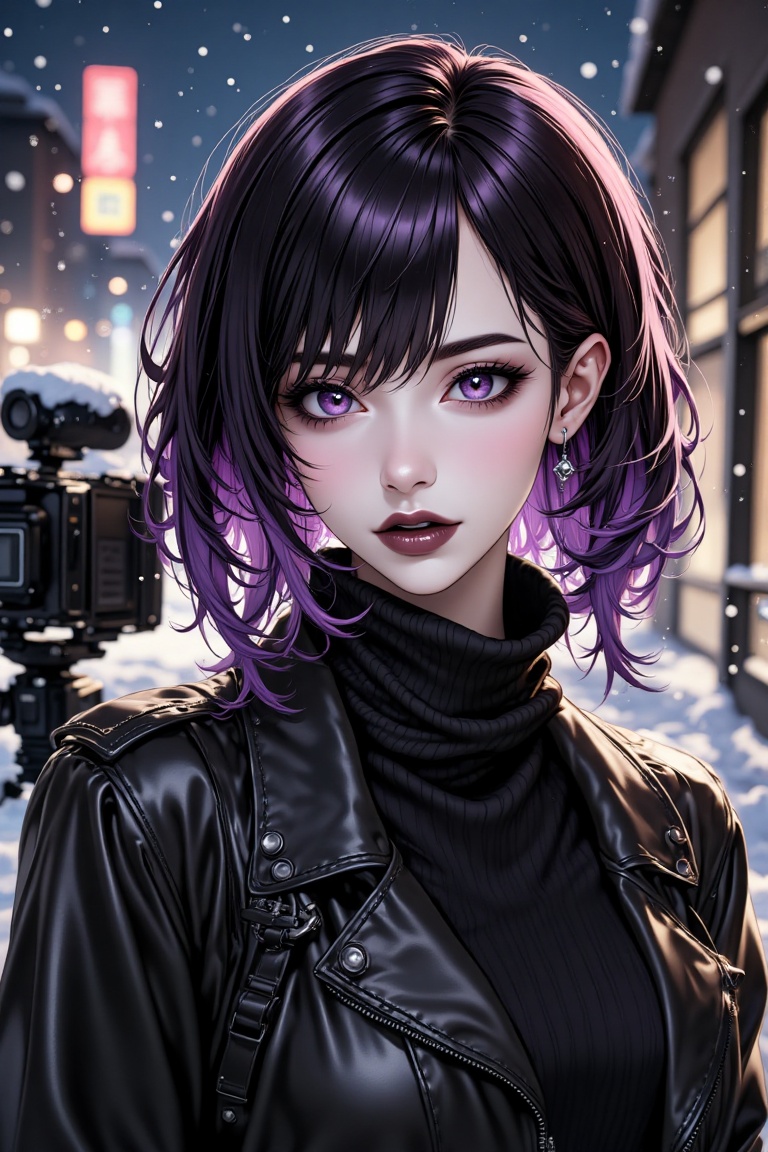 Against a backdrop of falling snowflakes,  a stylish streamer with dramatic purple and black hair poses in front of stream...