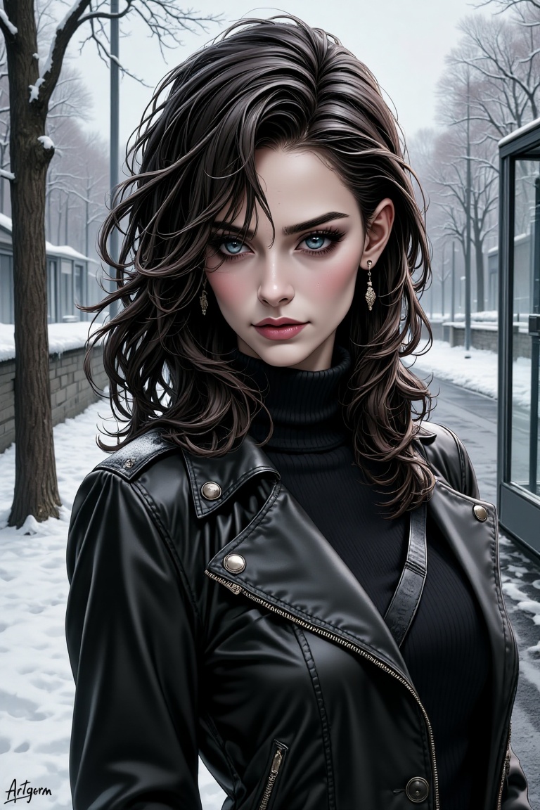 A woman in Gothic attire,  her expression a mix of resignation and strength,  stands at a frost-covered bus stop. Her eyes...