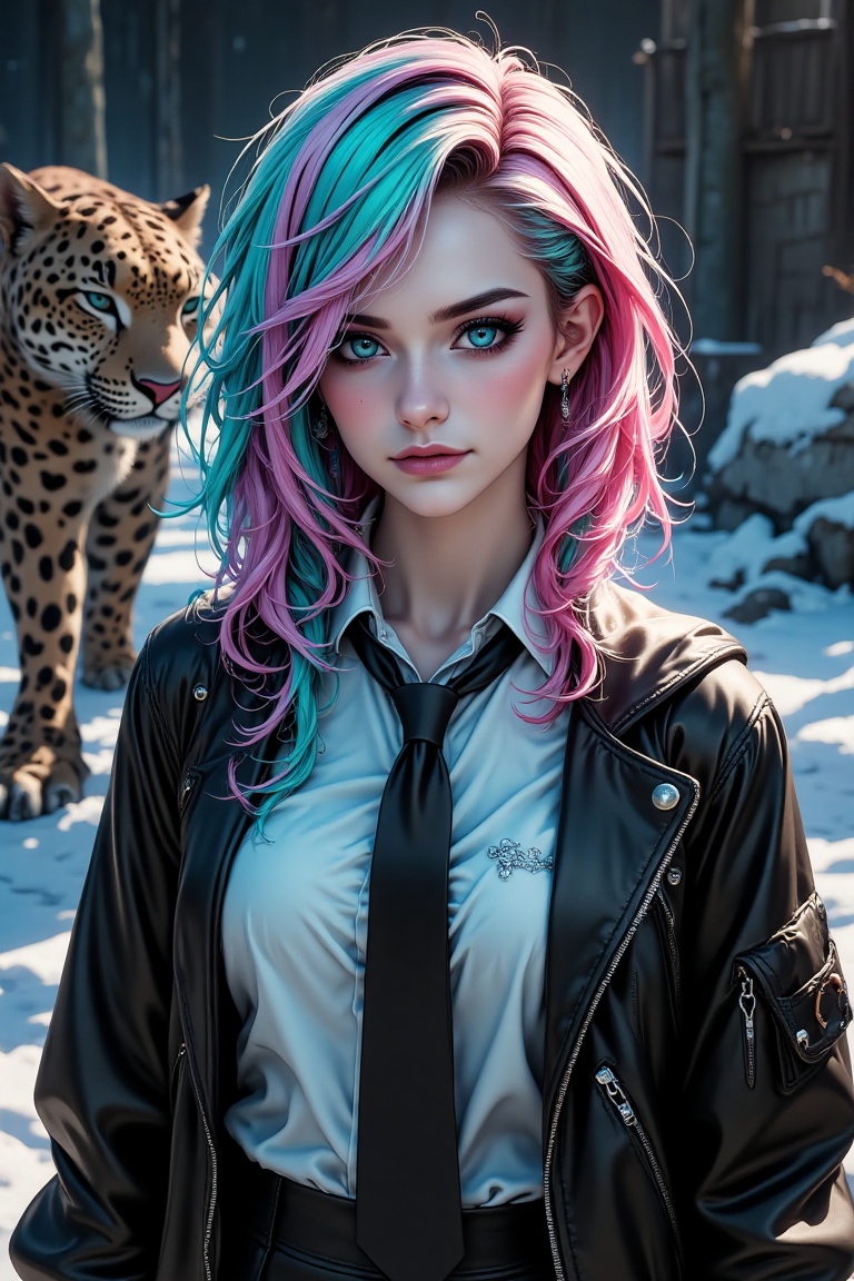 A close-up of a beautiful gothic girl with multicolored hair,  wearing a mini outfit with a shirt and tie,  jacket on Tens...