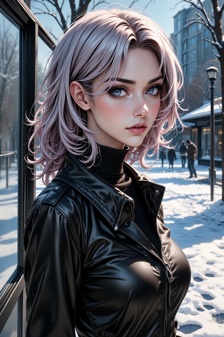 A woman in Gothic attire,  her expression a mix of resignation and strength,  stands at a frost-covered bus stop. Her eyes...