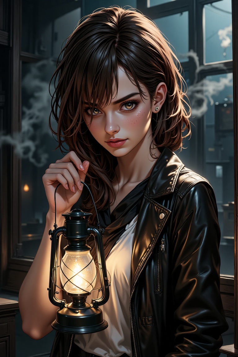 Heather's intense stare piercing through dim light,  lantern casting golden halo around her head,  faint scratches on her...