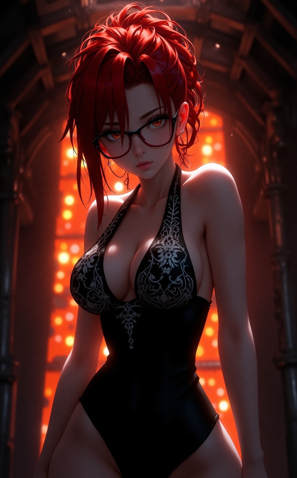 The image depicts a female character with red hair styled in a messy bun,  wearing glasses and a black halter-style swimsu...