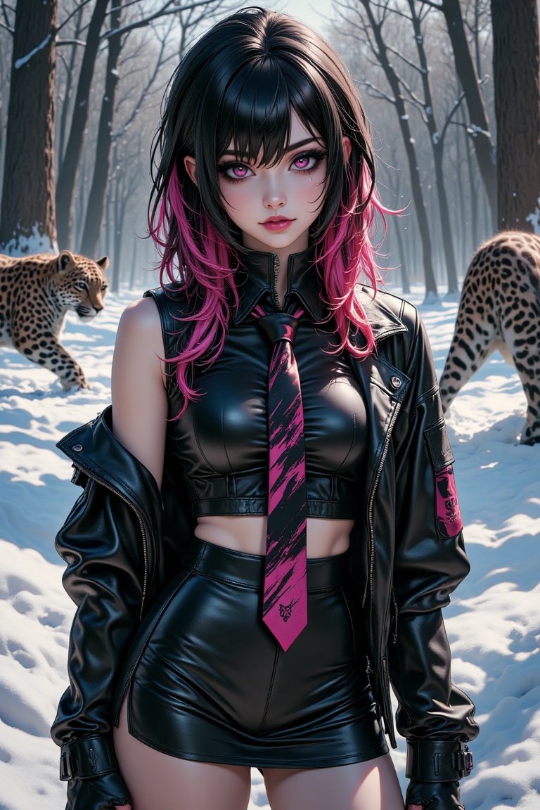 A close-up of a beautiful gothic girl with multicolored hair,  wearing a mini outfit with a shirt and tie,  jacket on Tens...