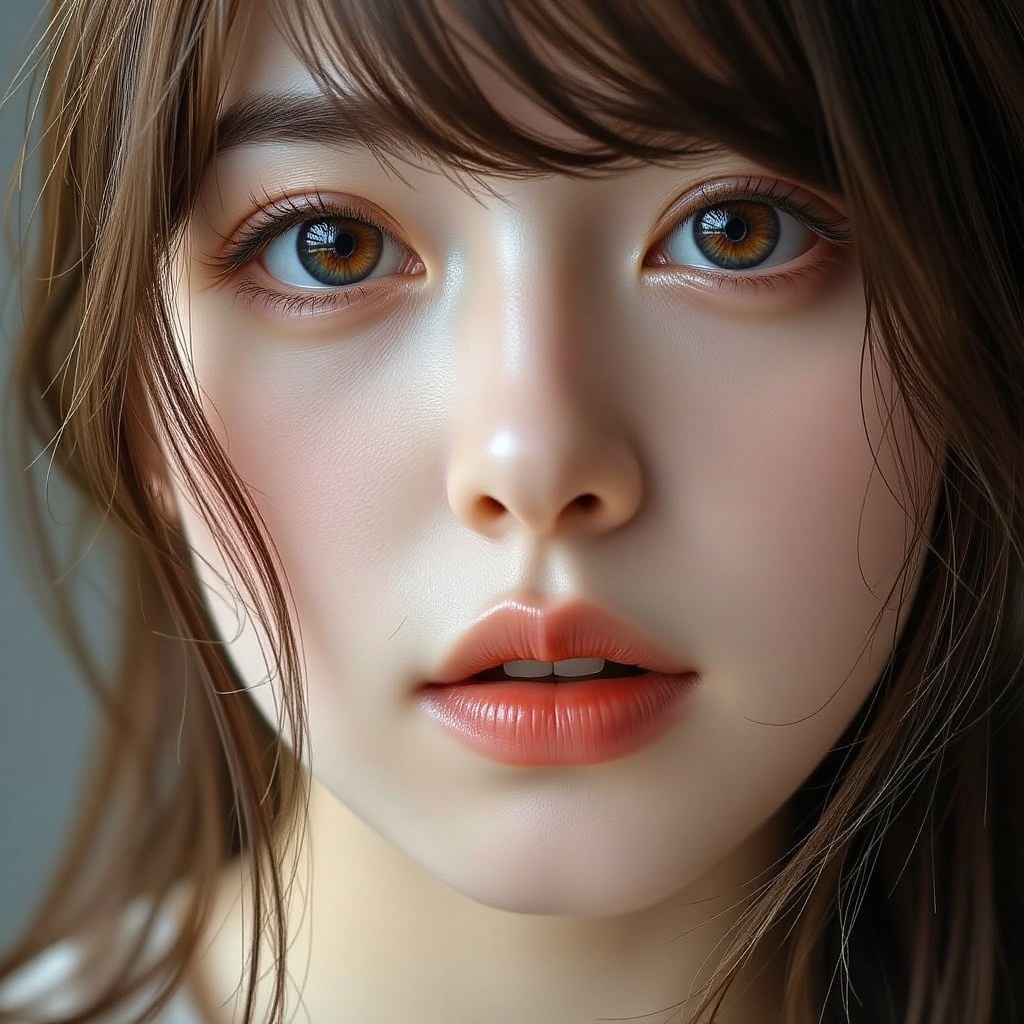 16K,  UHD:1.2,  1girl solo long hair looking at viewer bangs brown hair hair between eyes parted lips lips brown eyes port...