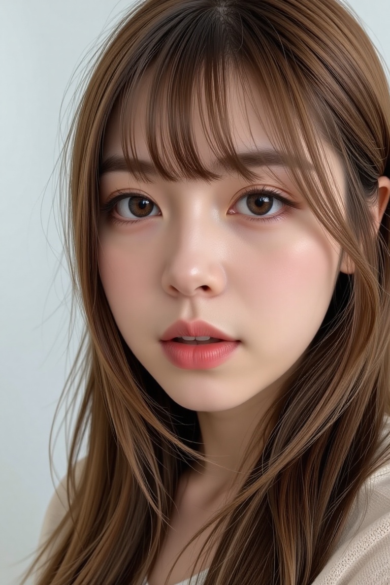 16K,  UHD:1.2,  1girl solo long hair looking at viewer bangs brown hair hair between eyes parted lips lips brown eyes port...