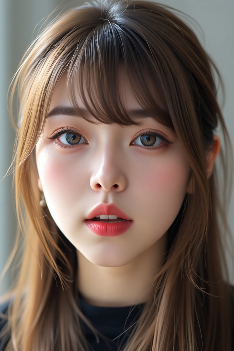 16K,  UHD:1.2,  1girl solo long hair looking at viewer bangs brown hair hair between eyes parted lips choker lips brown ey...