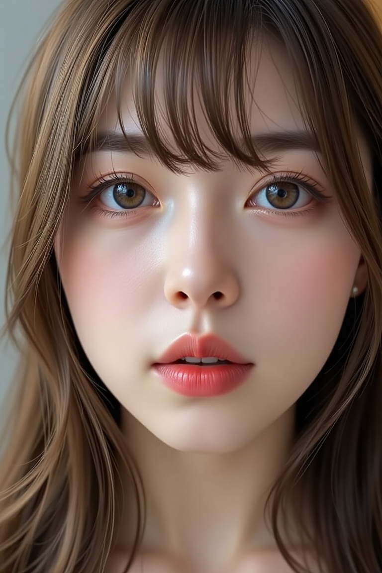 16K,  UHD:1.2,  1girl solo long hair looking at viewer bangs brown hair hair between eyes parted lips lips brown eyes port...