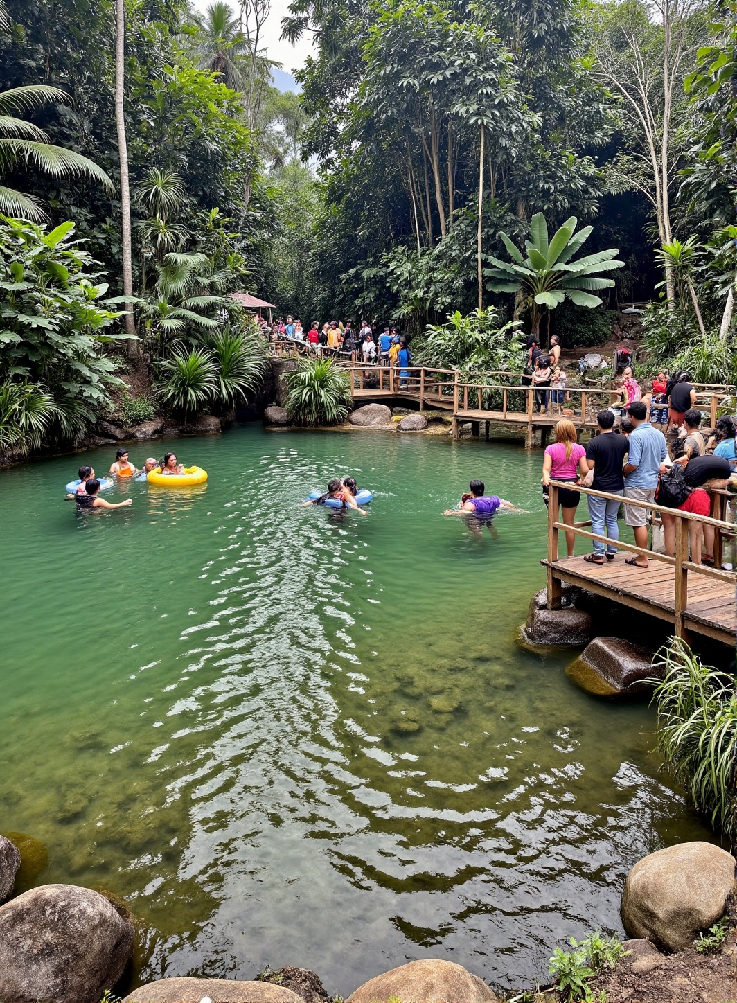 a serene natural setting with a clear,  greenish pool surrounded by lush vegetation. The pool is surrounded by a wooden wa...