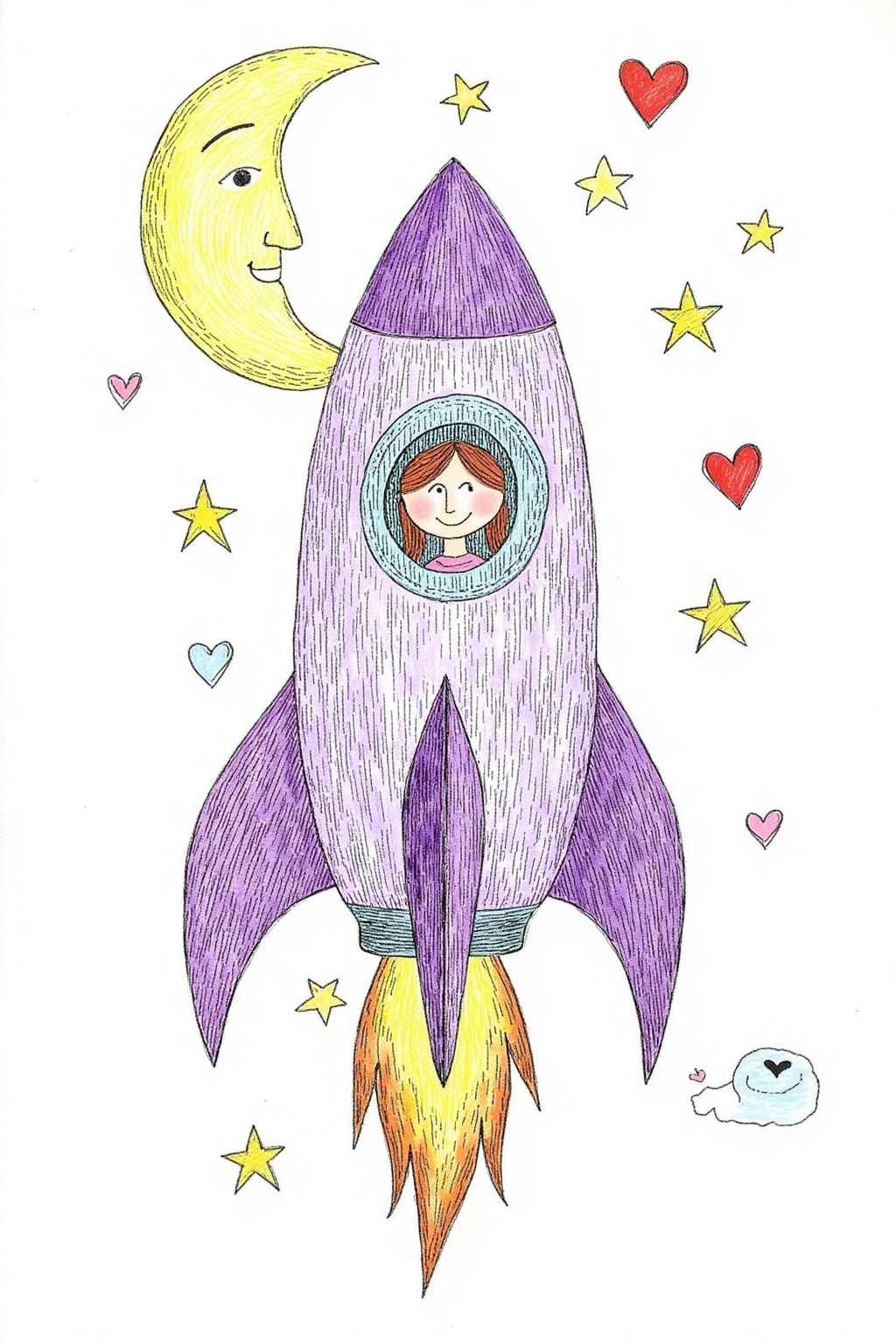 edwardgorey1 illustration This is a colorful,  whimsical drawing depicting a drawing of a rocket ship,  drawn in purple. T...