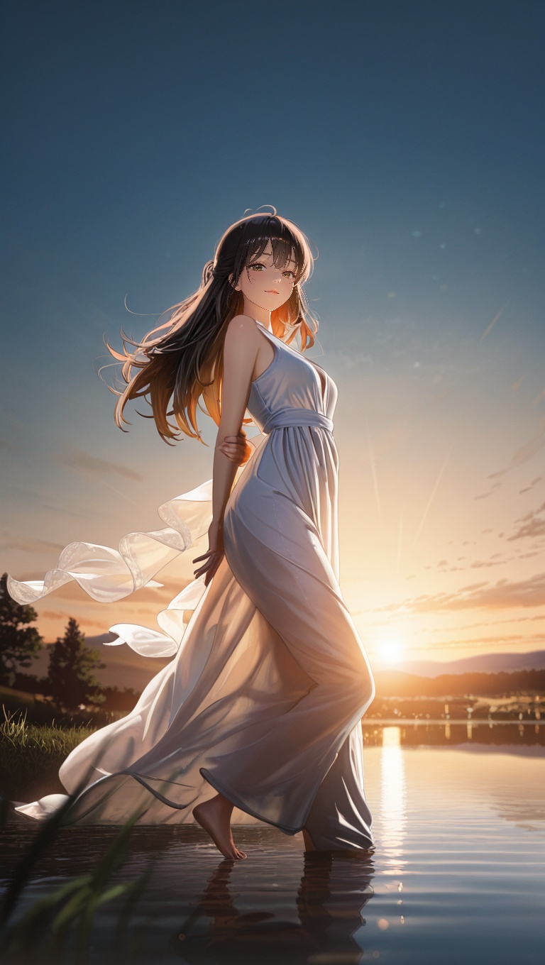 1 girl walking in park beautiful scenery ,  dawn ,  looking at viewer on Tensor.Art