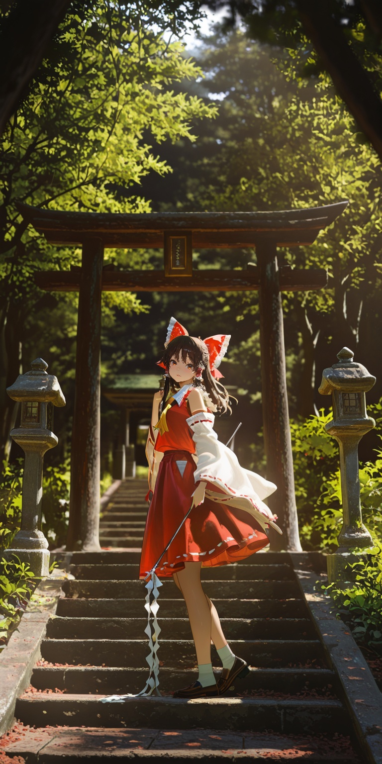 perfect_scenery,  a young girl in a red dress with some kind of leafy thing in a hallway,  stairs on Tensor.Art