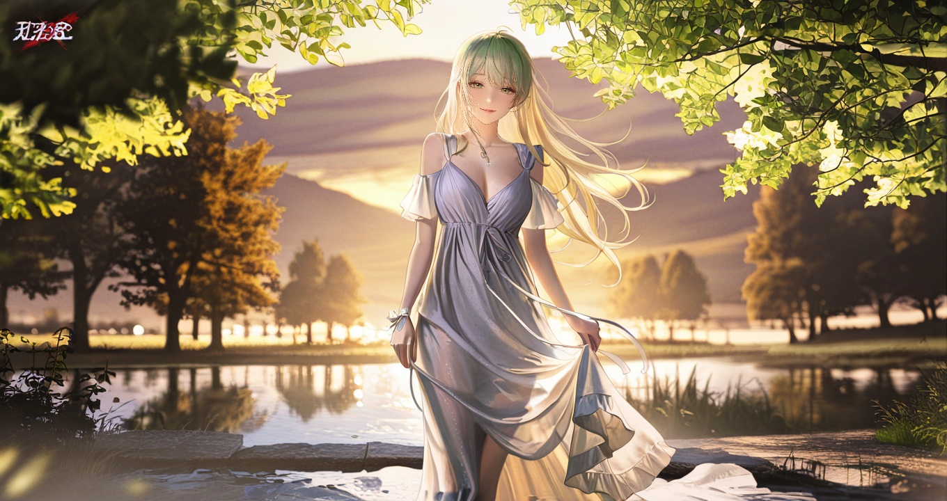 1 girl walking in park beautiful scenery ,  dawn ,  looking at viewer on Tensor.Art