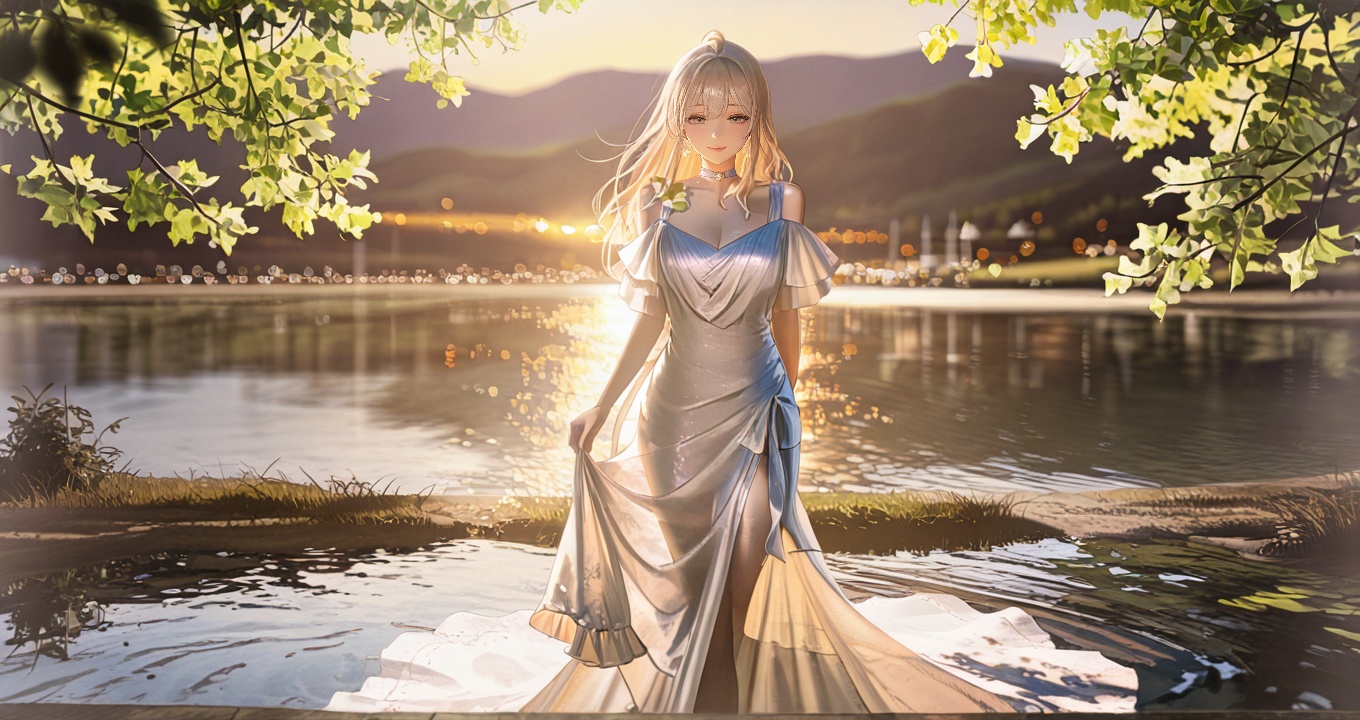 1 girl walking in park beautiful scenery ,  dawn ,  looking at viewer on Tensor.Art