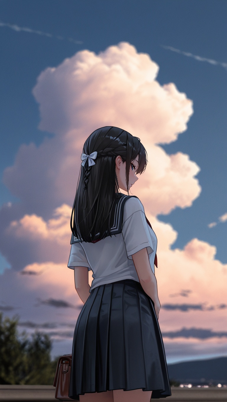 an illustration of a woman carrying a bag on her shoulder is looking at a viewer view,  1girl,  solo on Tensor.Art