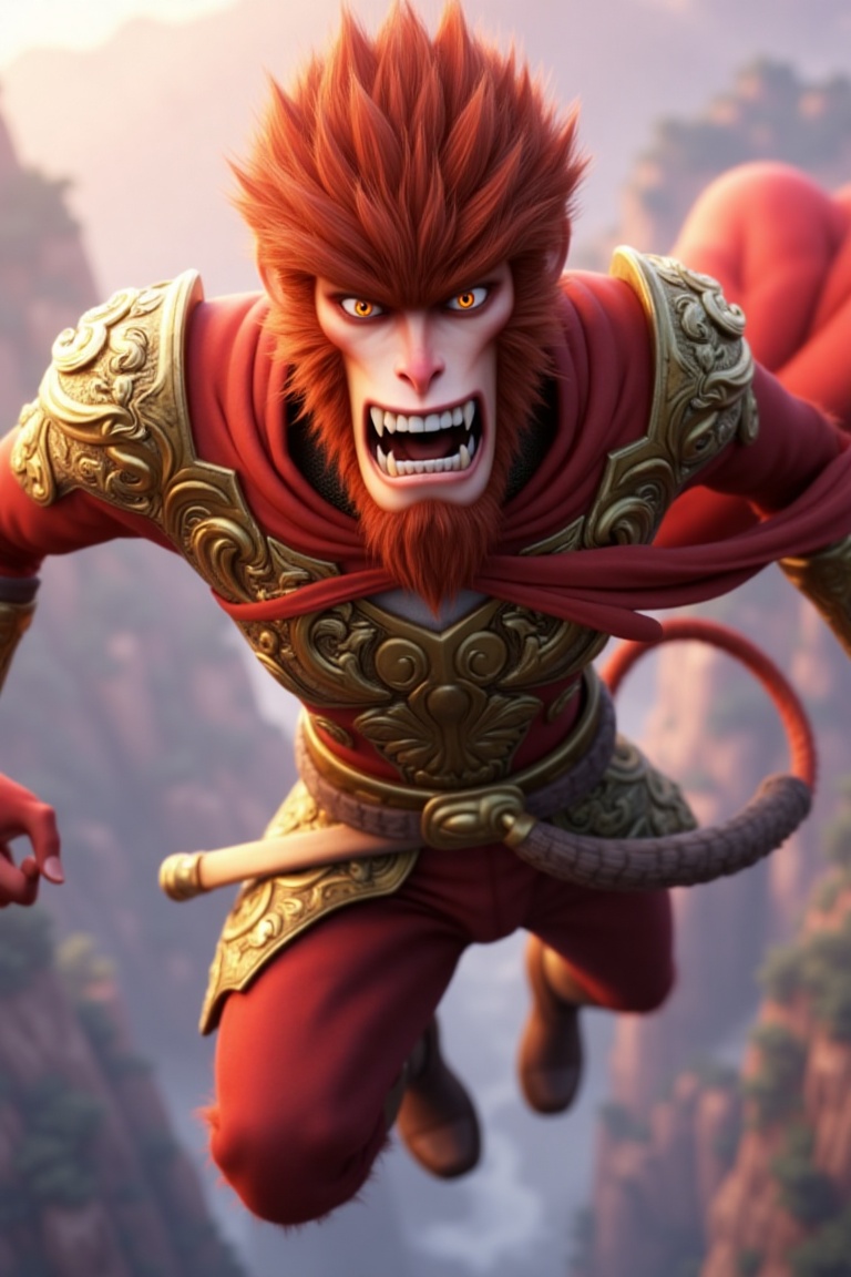 sunwukong2015,  A powerful cartoon-style monkey warrior in mid-air,  wearing intricate golden armor with dragon motifs and...