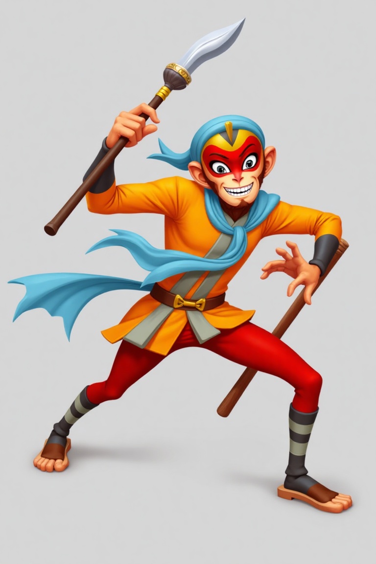 sunwukong1961,  A stylized cartoon monkey warrior in dynamic action poses,  wielding a magical staff with expressive movem...