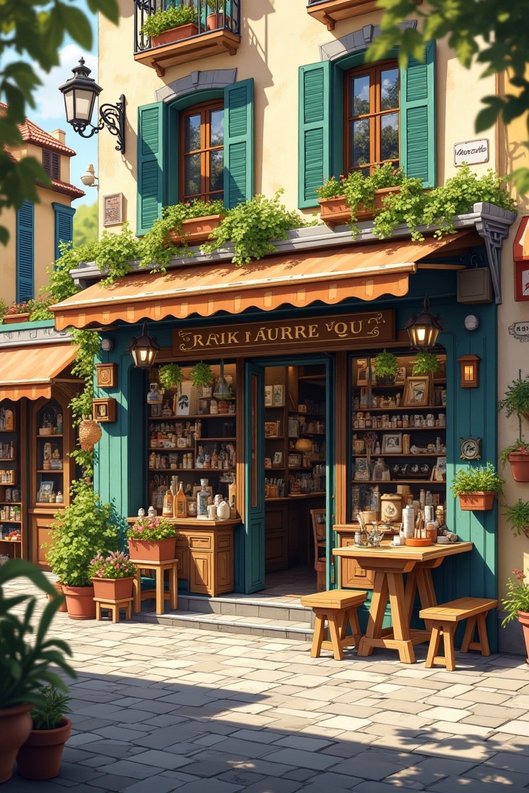 A bright day in a Ghibli-esque town,  showcasing a whimsical workshop storefront with intricate architectural details. Fra...