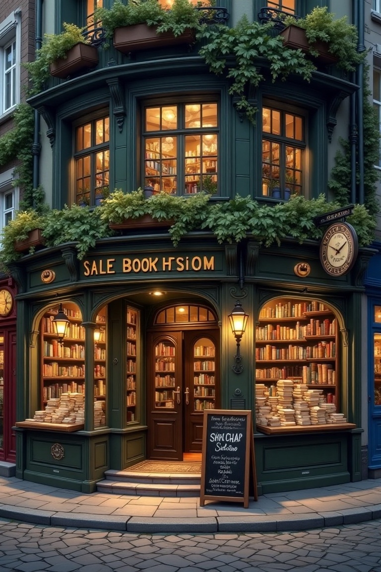 A whimsical Ghibli-esque town featuring a cozy bookshop storefront on a nostalgic street corner. The shot focuses on intri...