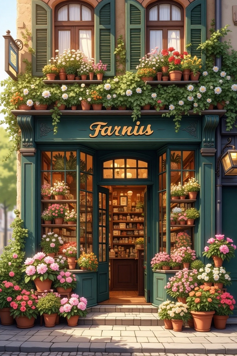 A charming florist storefront in a Ghibli-esque town,  showcasing whimsical architectural details. Framed from a cozy stre...