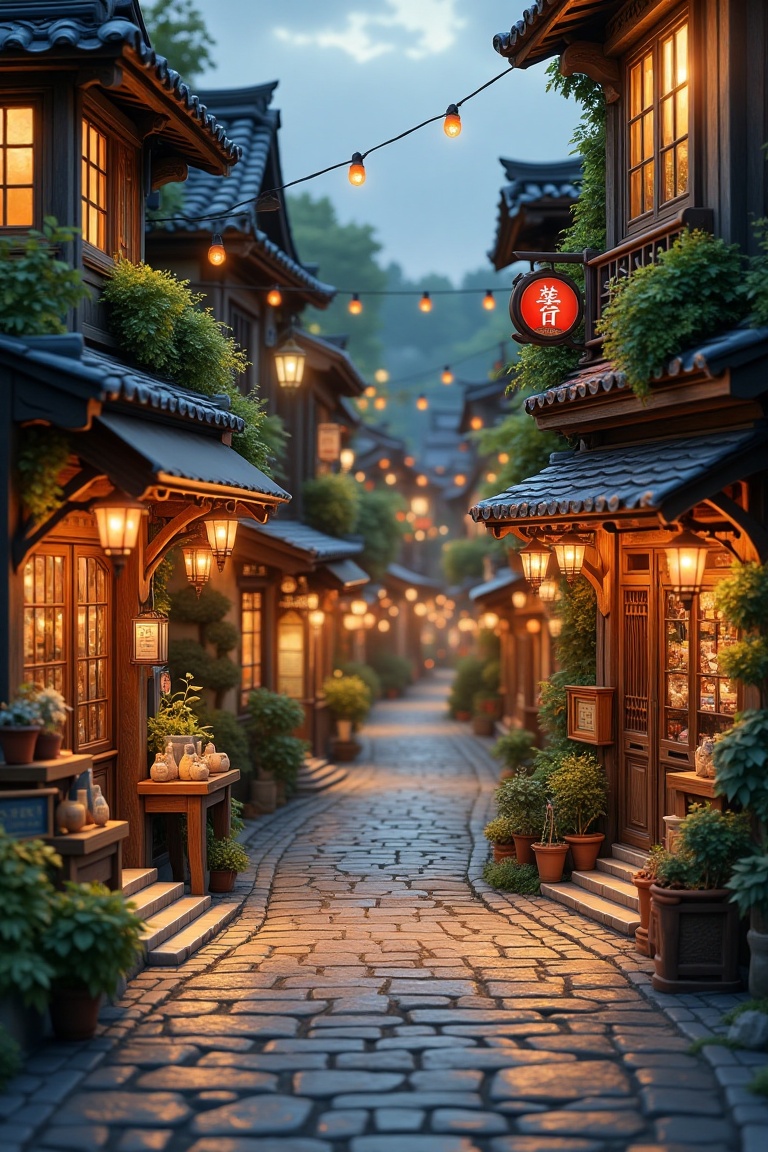 A whimsical row of shops in a Ghibli-esque town,  lined along a long road. The shot captures intricate architectural detai...