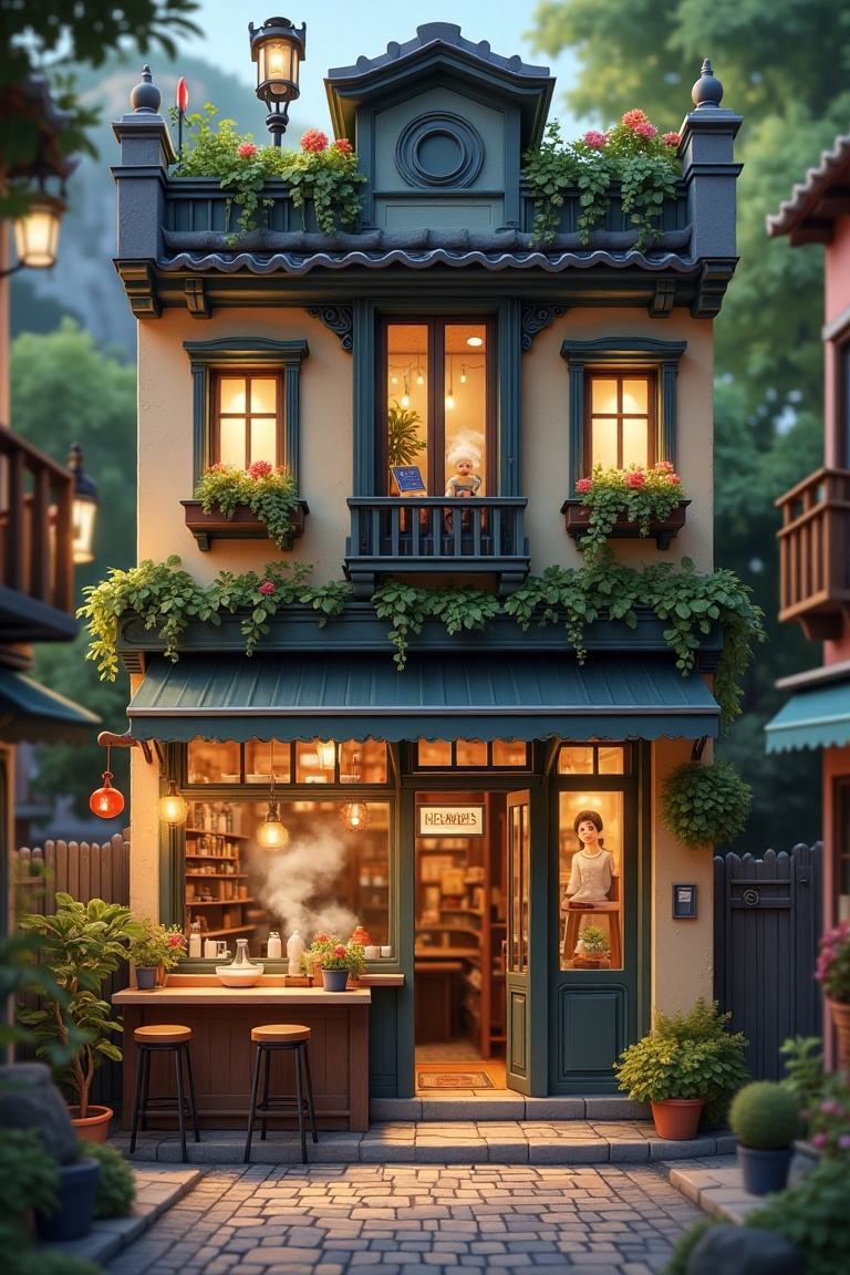 A whimsical Ghibli-esque town featuring a cozy corner shop lot with a charming cafe. The shot focuses on intricate archite...