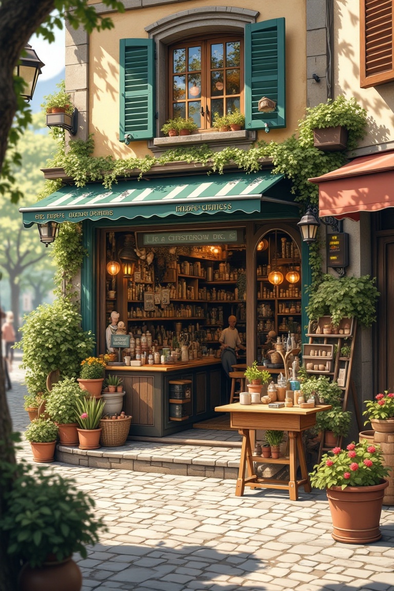 A bright day in a Ghibli-esque town,  showcasing a whimsical workshop storefront with intricate architectural details. Fra...