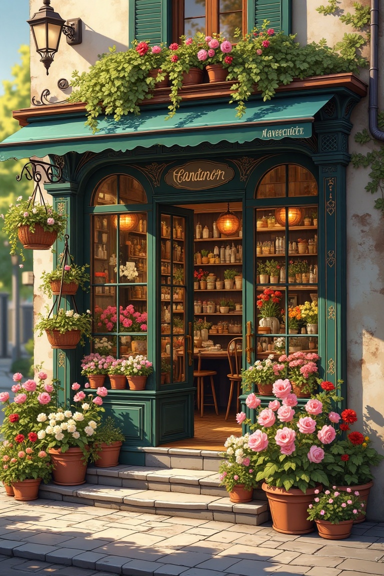 A charming florist storefront in a Ghibli-esque town,  showcasing whimsical architectural details. Framed from a cozy stre...