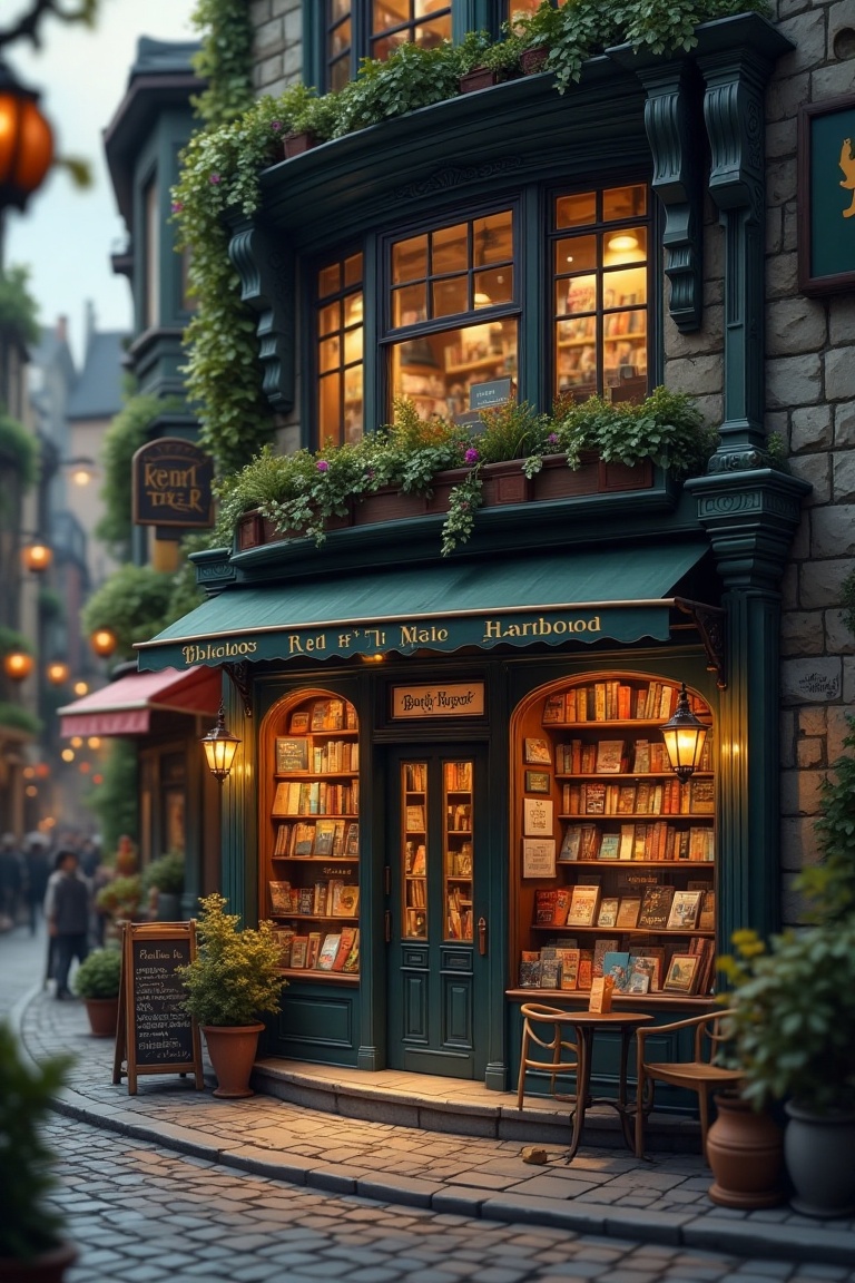A whimsical Ghibli-esque town featuring a cozy bookshop storefront on a nostalgic street corner. The shot focuses on intri...