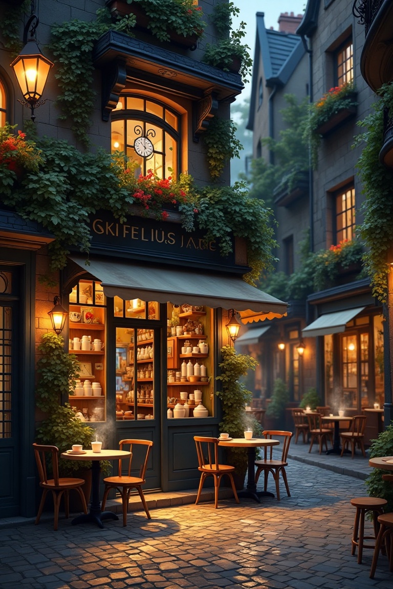 A cozy evening in a Ghibli-esque town,  featuring a charming cafe coffee shop with whimsical architectural details. Framed...