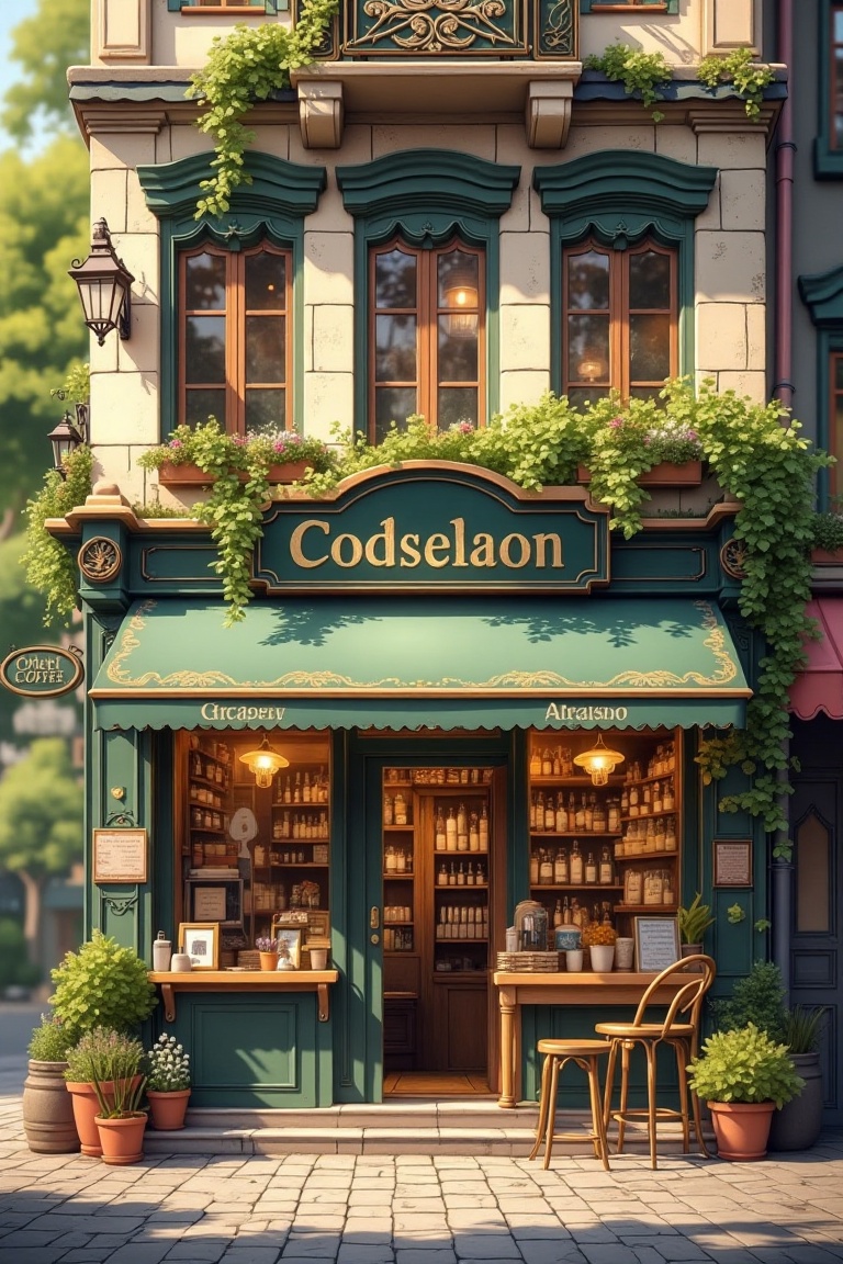 A whimsical Ghibli-esque town coffeeshop storefront,  detailed architecture with pastel colors and intricate designs. The...