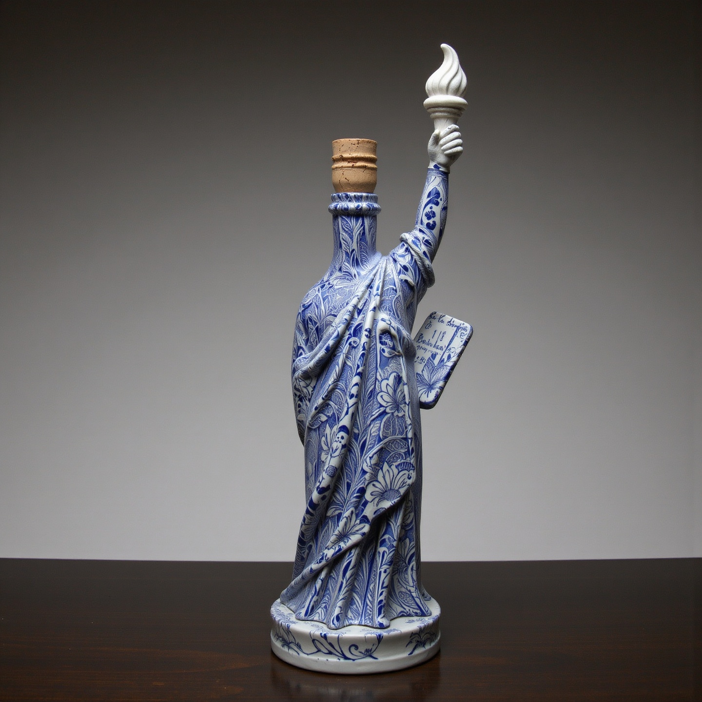 (Statue of Liberty-like Wine Bottle) ((porcelain)),  Cloisonné enamel porcelain. human-animal hybrid. Design a liquor bott...