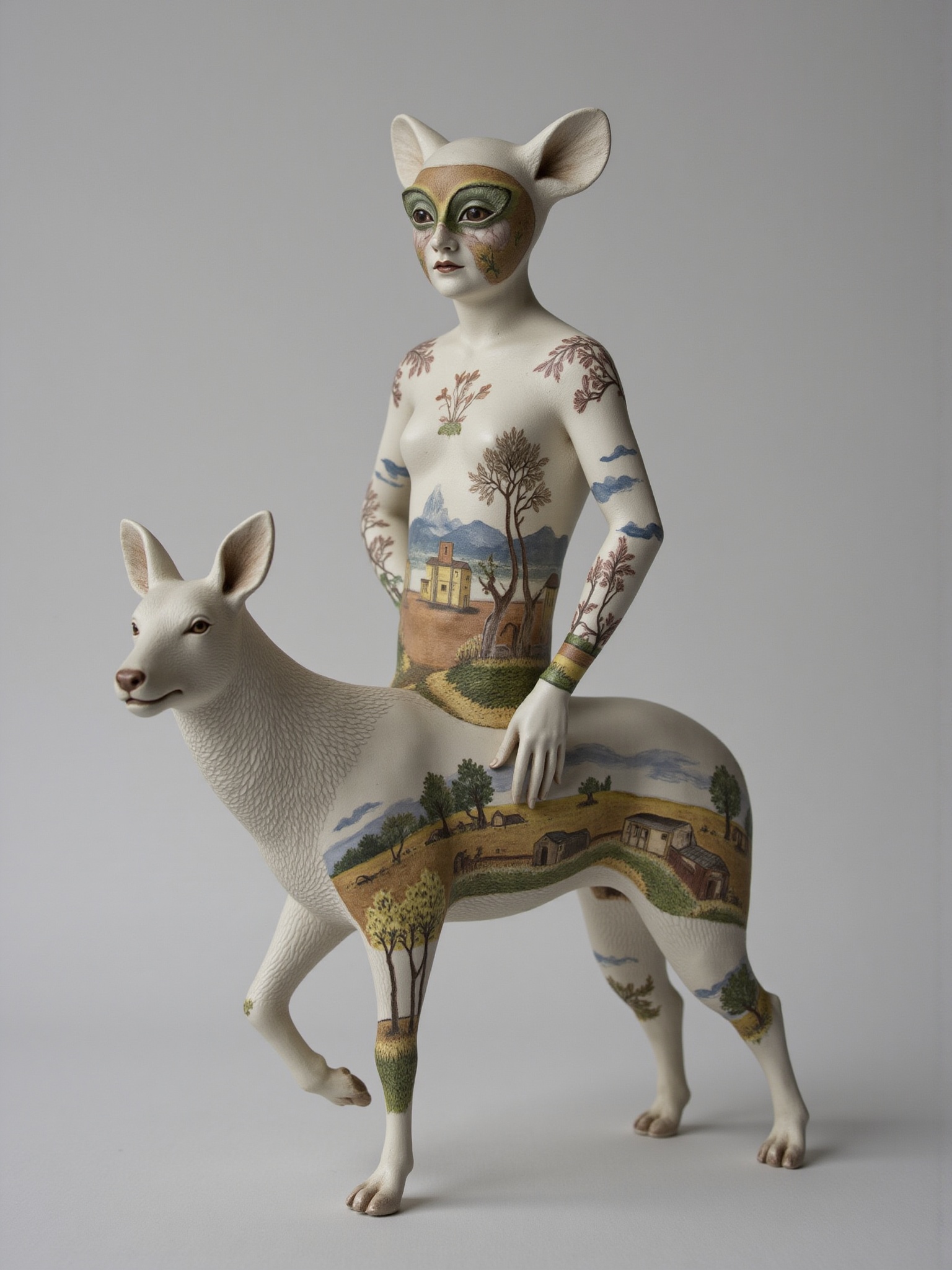 ((porcelain)),  human-animal hybrid body,  mystical and mixed effects.wearing a natural landscape on Tensor.Art