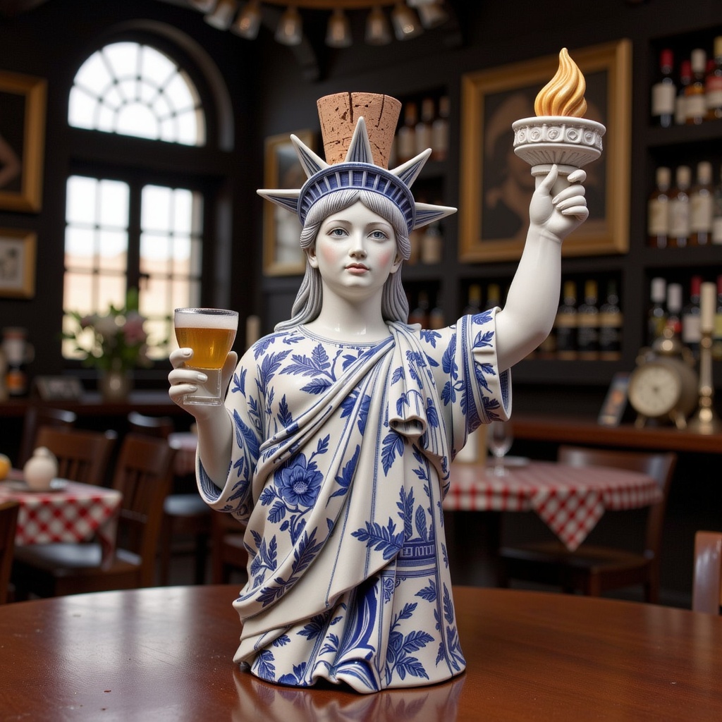 Design a ceramic liquor bottle shaped as the Statue of Liberty. Replace only the statue’s head with a visible cork stopper...
