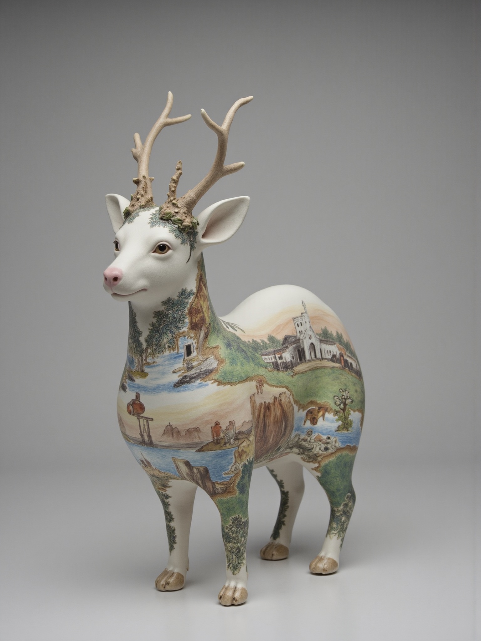 ((porcelain)),  human-animal hybrid body,  mystical and mixed effects.wearing a natural landscape on Tensor.Art