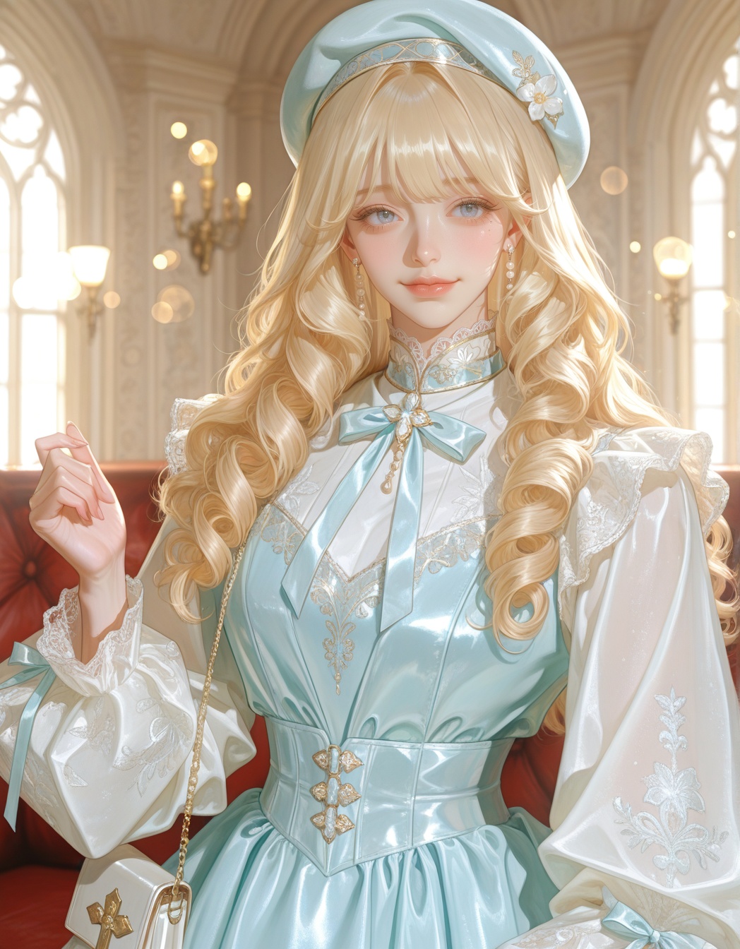 "girl,  “A sweet and stylish Korean girl with soft golden blonde hair and thick front bangs,  styled in loose vintage-insp...
