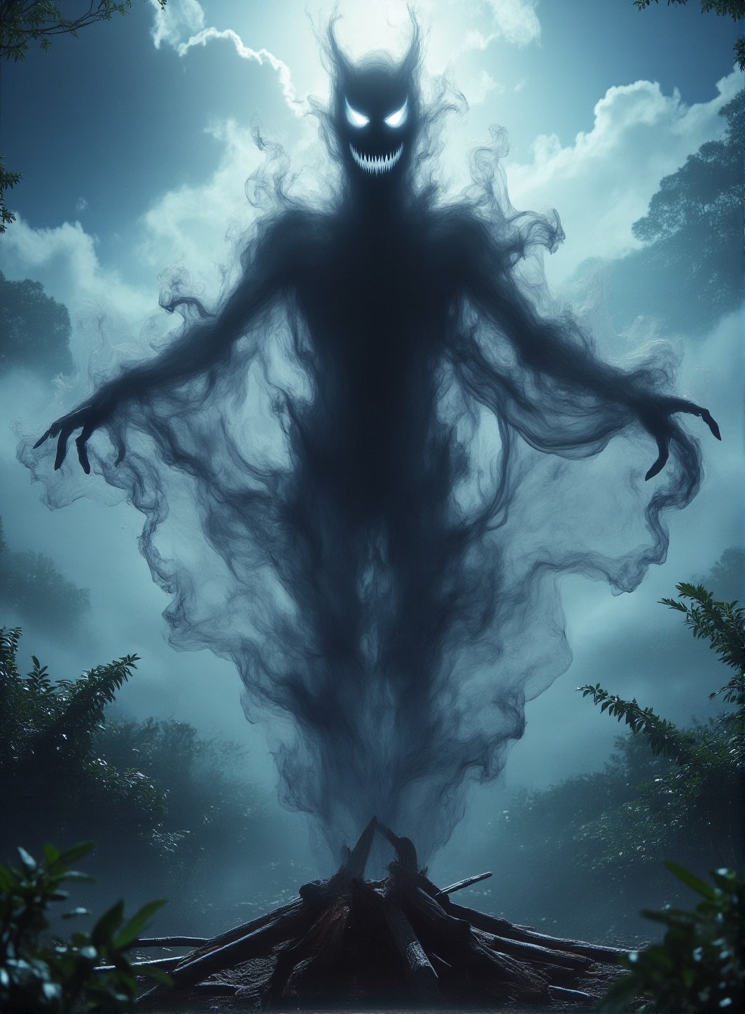 creepy smoke entity,  floating,  sharp teeth on Tensor.Art