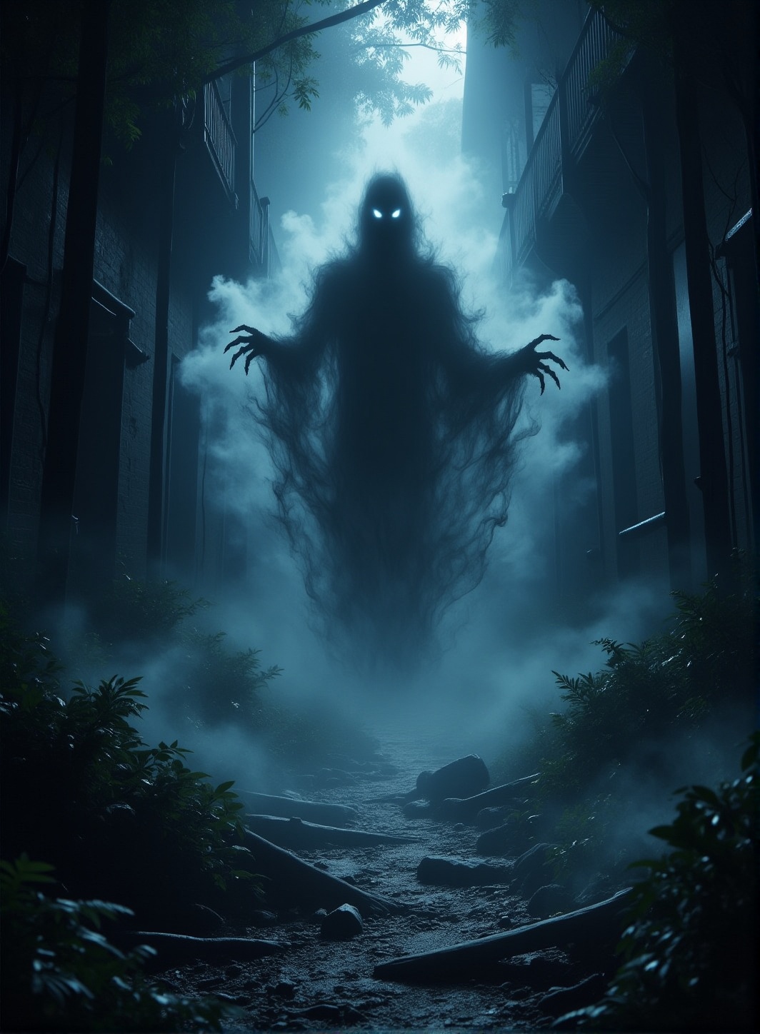 A dark alleyway shrouded in an eerie smog of smoke,  the air thick with an otherworldly aura. A figure emerges from the da...