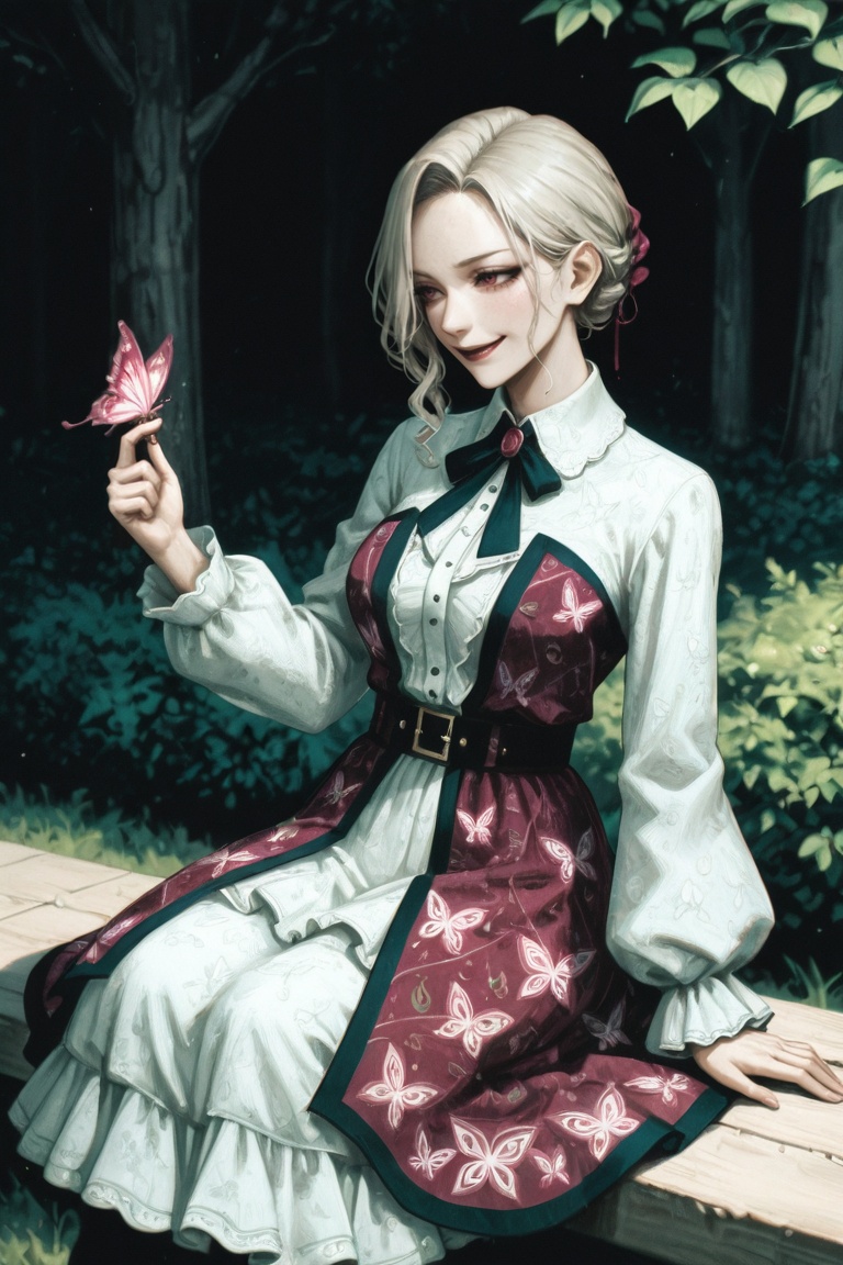 Young woman,  looks at the one butterfly,  wears patterned layered dress on Tensor.Art
