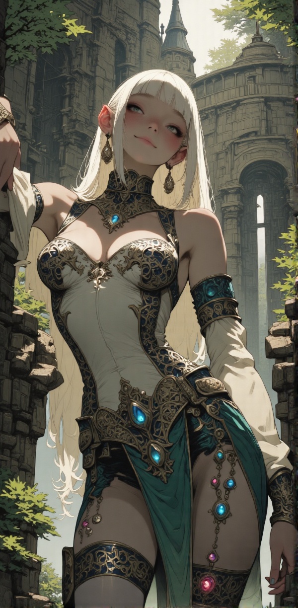 A stunningly beautiful anime-style elven sorceress in a medieval fantasy setting,  exuding sensuality in a lush,  enchante...