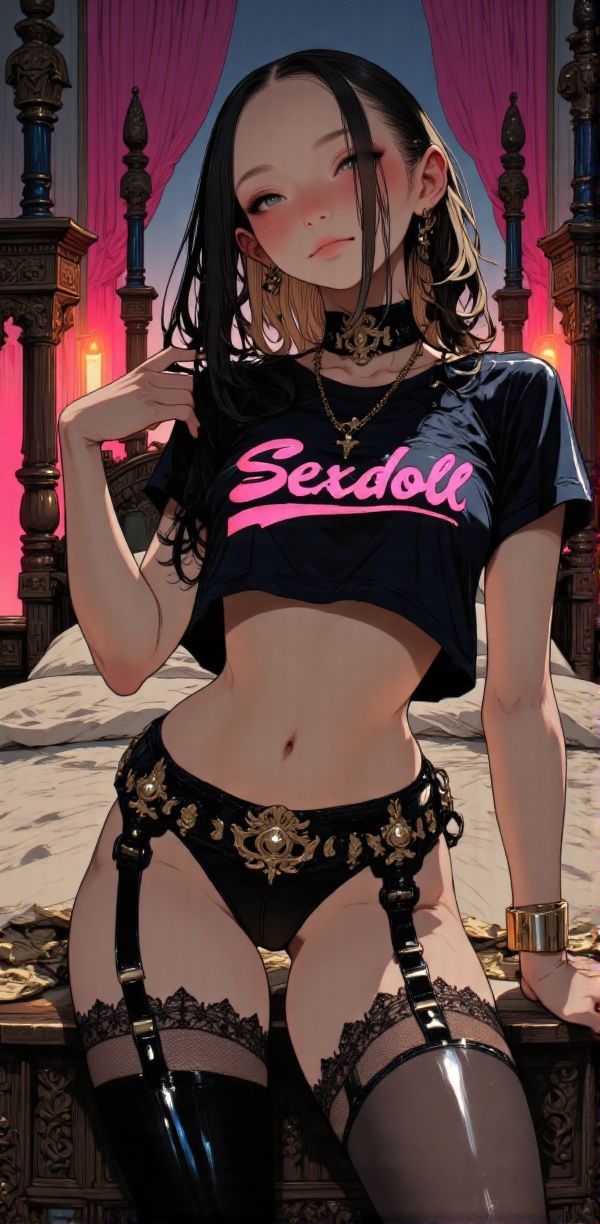 A breathtakingly beautiful anime-style young woman portrayed as a seductive meretriz,  standing in a luxurious,  dimly lit...
