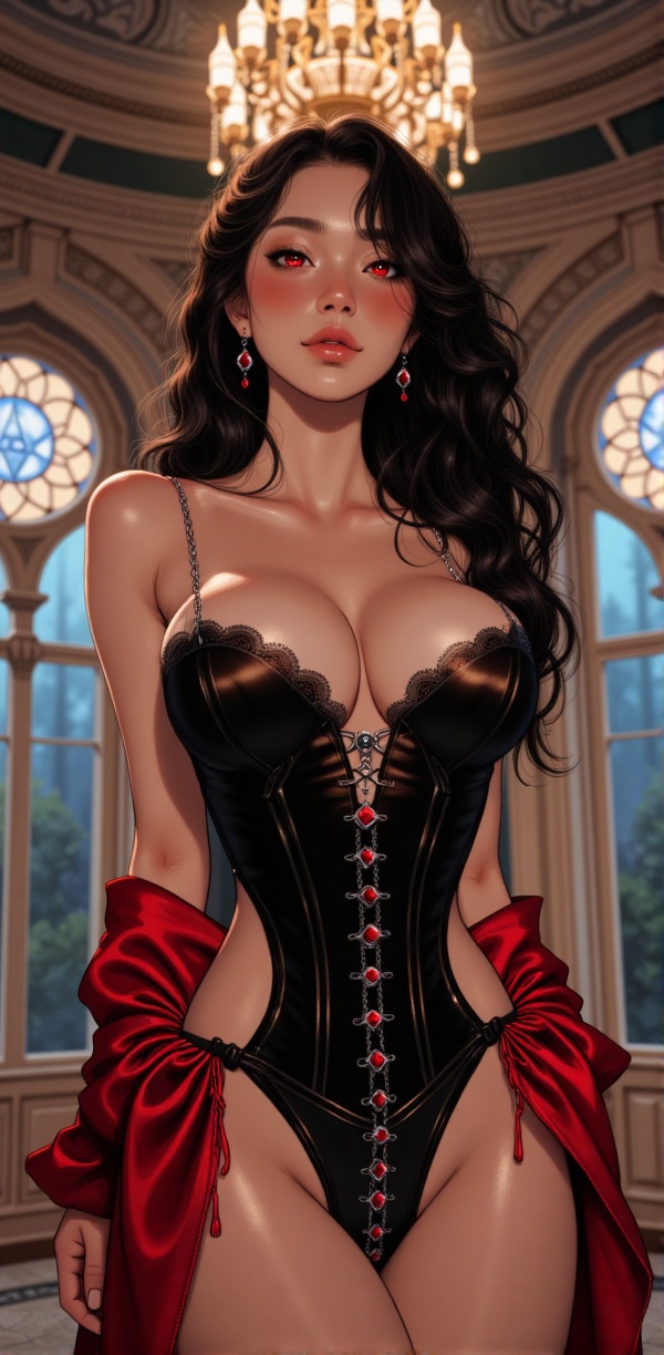 "A breathtakingly beautiful anime-style young woman with a seductive,  vampiric allure in a gothic Victorian mansion,  sta...