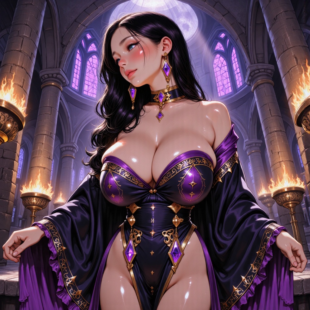 "A breathtakingly beautiful anime-style dark priestess with exaggerated,  oversized breasts,  radiating sensuality in a fo...
