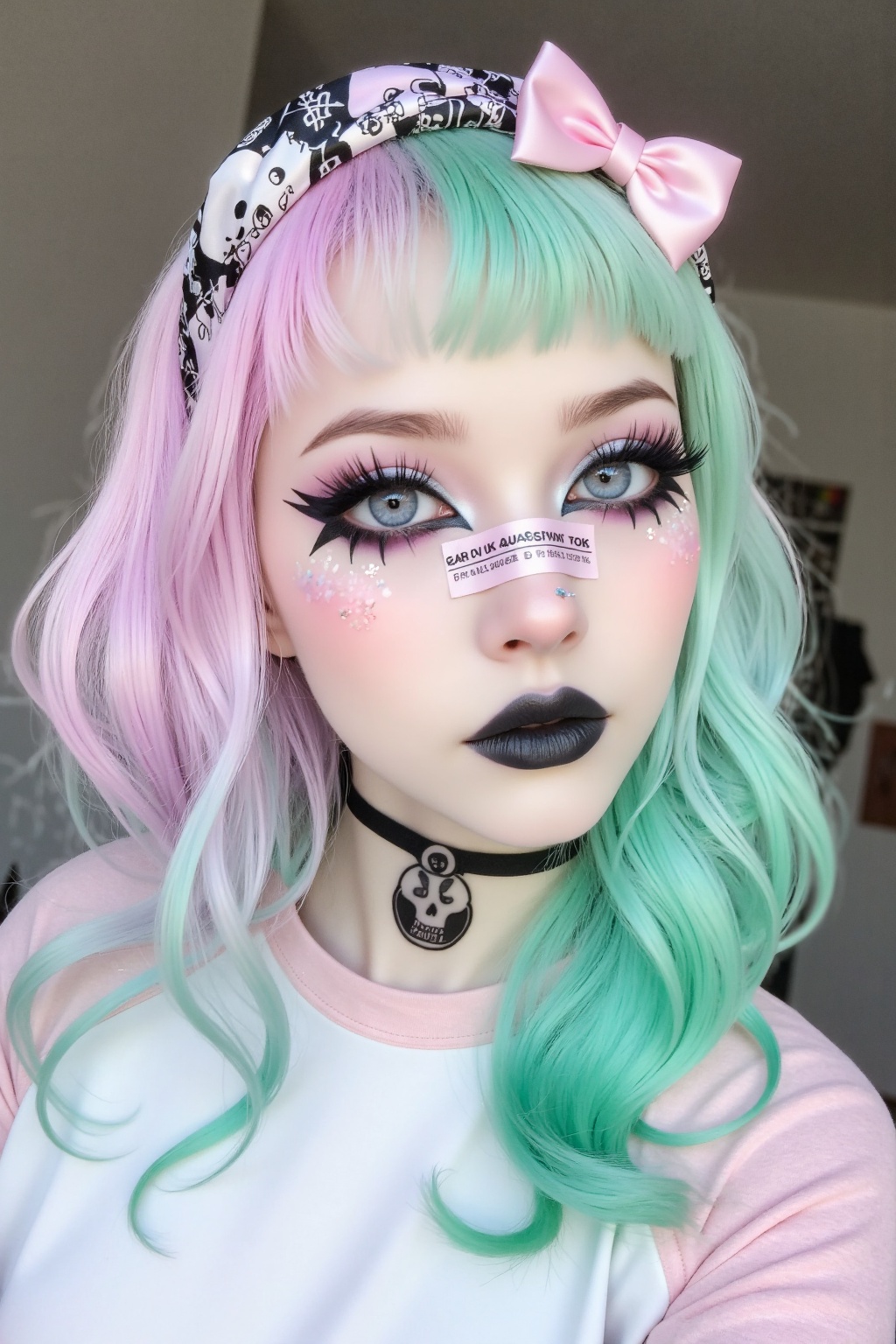 A pastel goth girl portrayed in a high-resolution,  semi-realistic portrait under ethereal,  softly diffused lighting. Her...