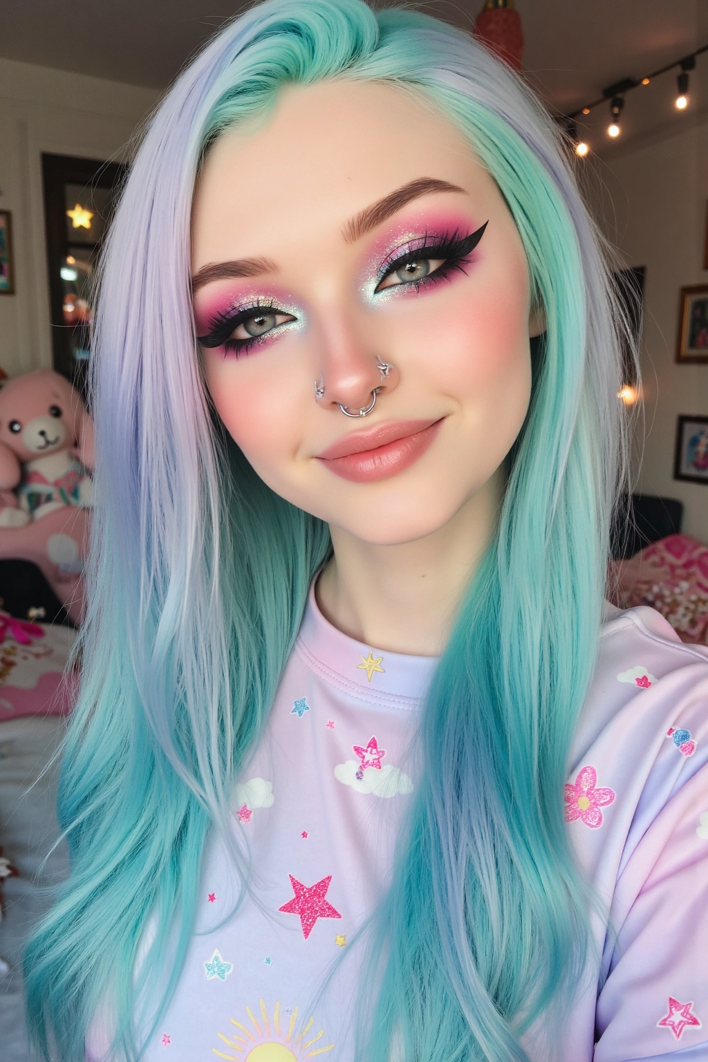 A radiant pastel girl exuding warmth and dreamlike beauty,  captured in a softly lit,  high-resolution portrait within a c...