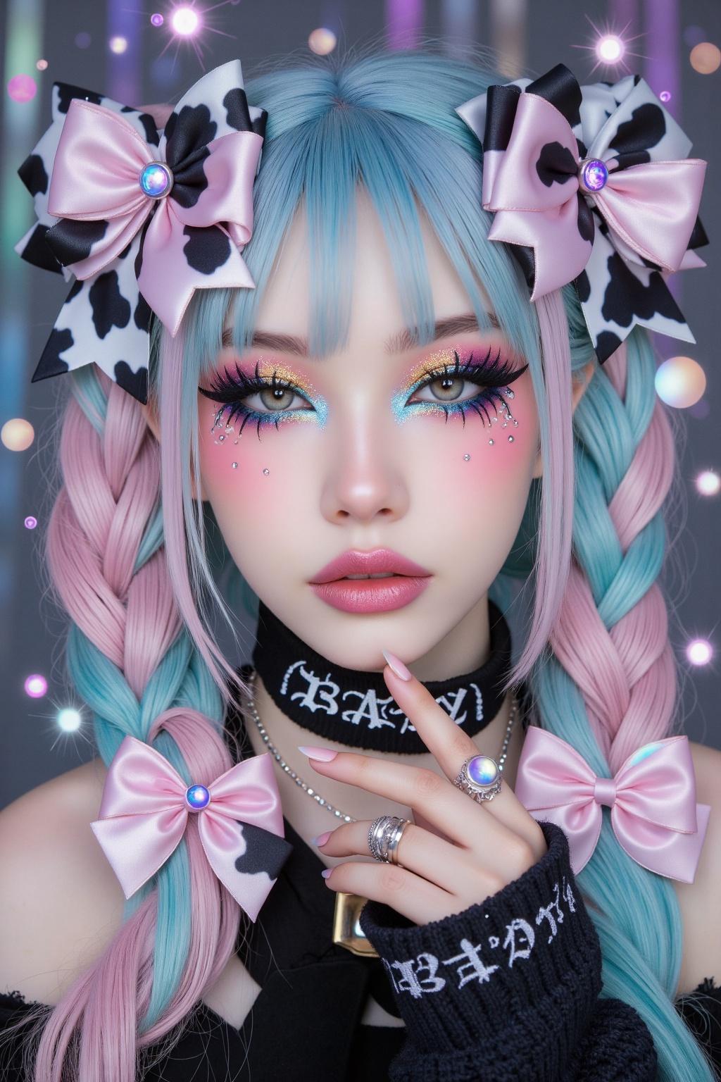 A pastel-goth inspired girl with an enchanting,  ethereal presence,  standing beneath a dreamy haze of soft sparkles and f...