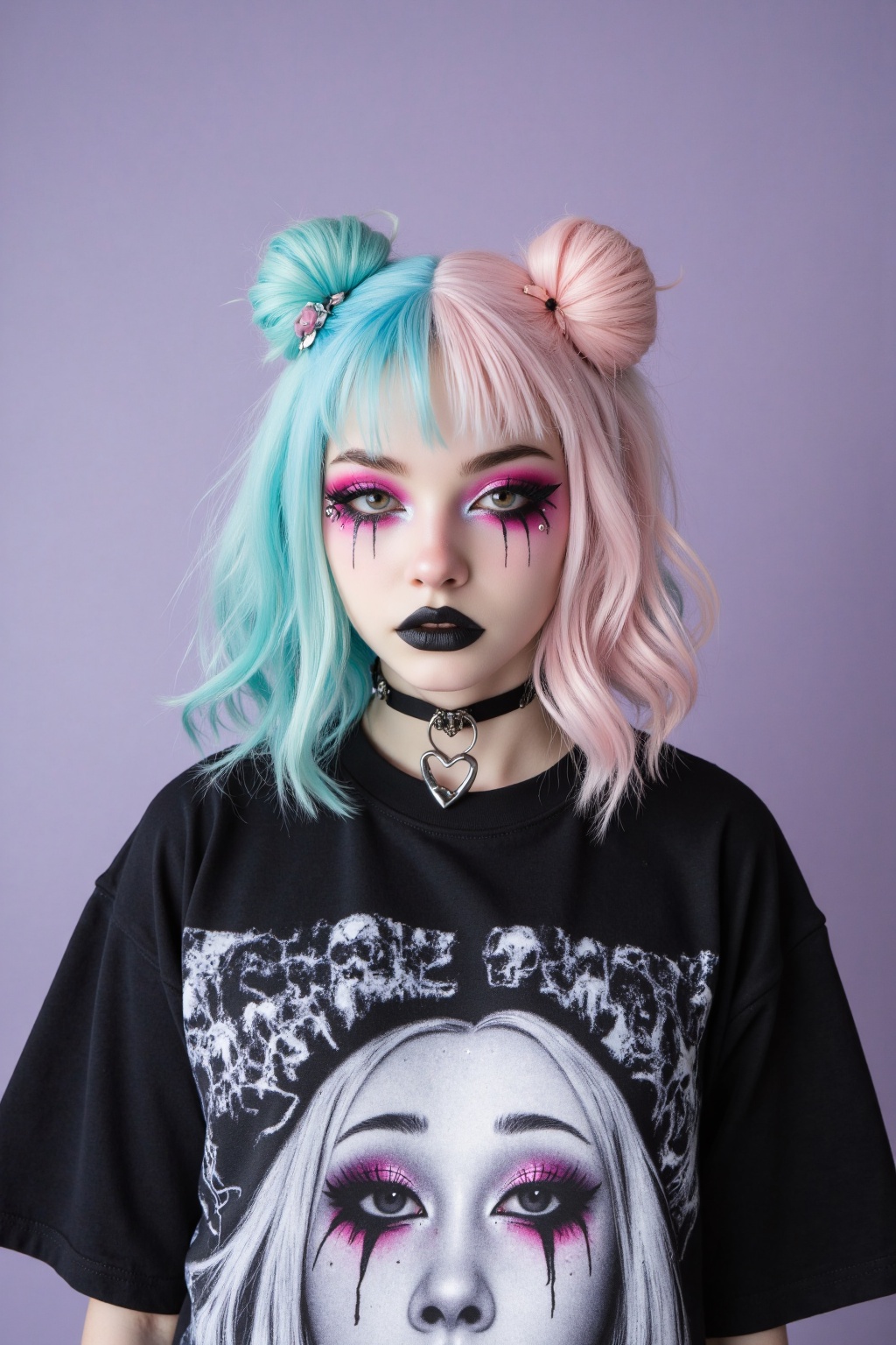 A pastel goth girl stands against a soft,  muted lavender-gray backdrop,  her presence vivid and emotionally striking. Her...