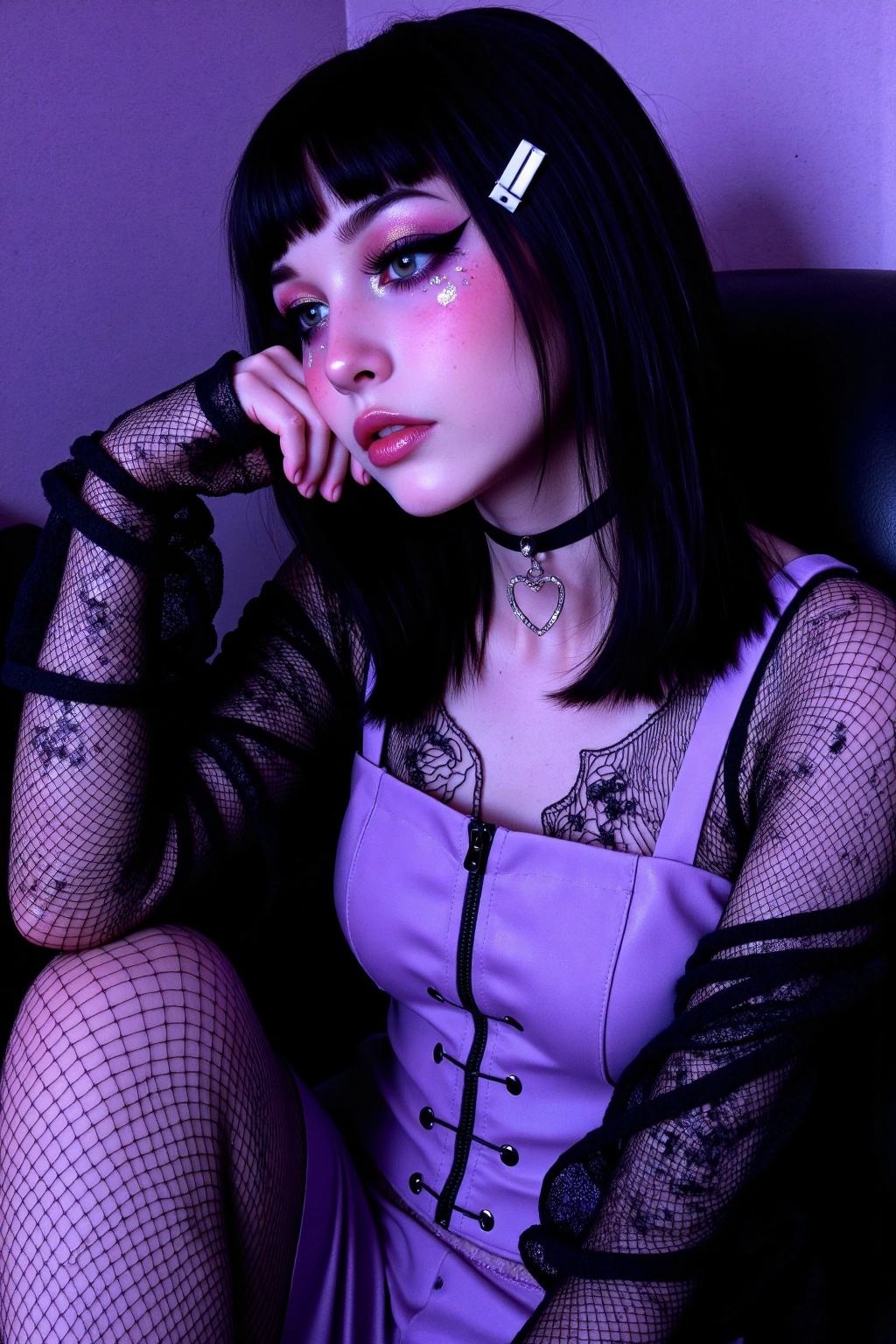 A soft goth girl sits quietly indoors,  her head resting gently on one hand in a contemplative,  melancholic pose. Her lon...