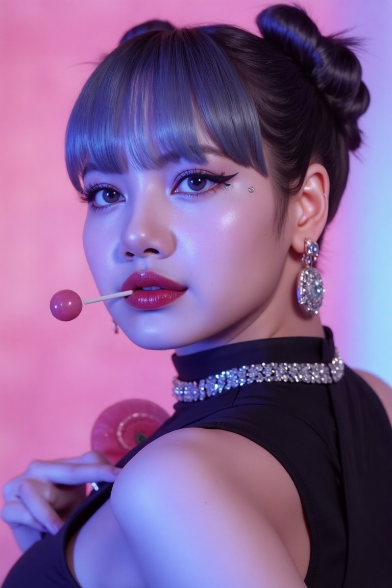A hyper-realistic,  close-up portrait of a futuristic young woman with light blue hair styled into two sleek,  symmetrical...